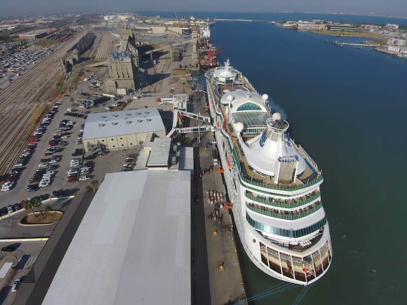 An aerial view of the Port of Galveston, a top U.S. cruise and cargo port, with Royal Caribbean Cruise Line’s Grandeur of the Seas pictured in the foreground.